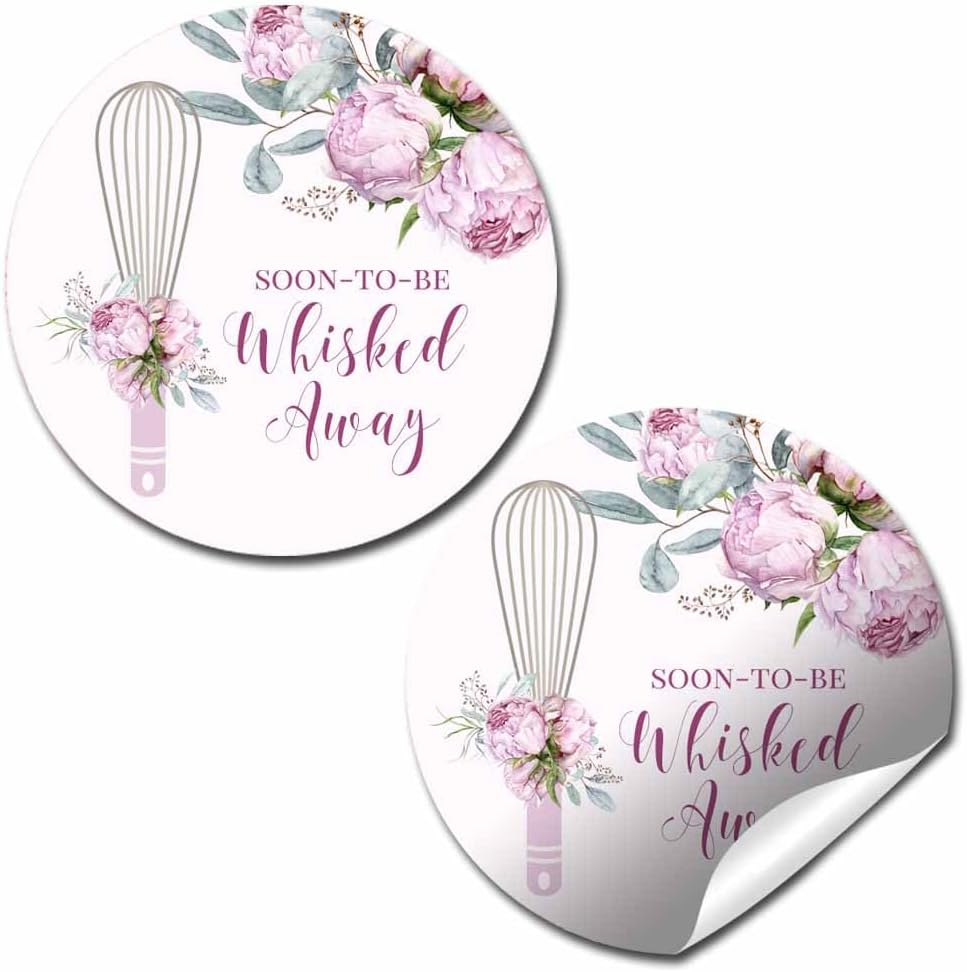 Soon to Be Whisked Away Bridal Shower Stickers, 40 Count 2 Inch Round Kitchen Whisk Floral Wedding Favor Labels for Gift Bags & Envelope Seals, Premium 60lb Stock by Amanda Creation, Made in USA