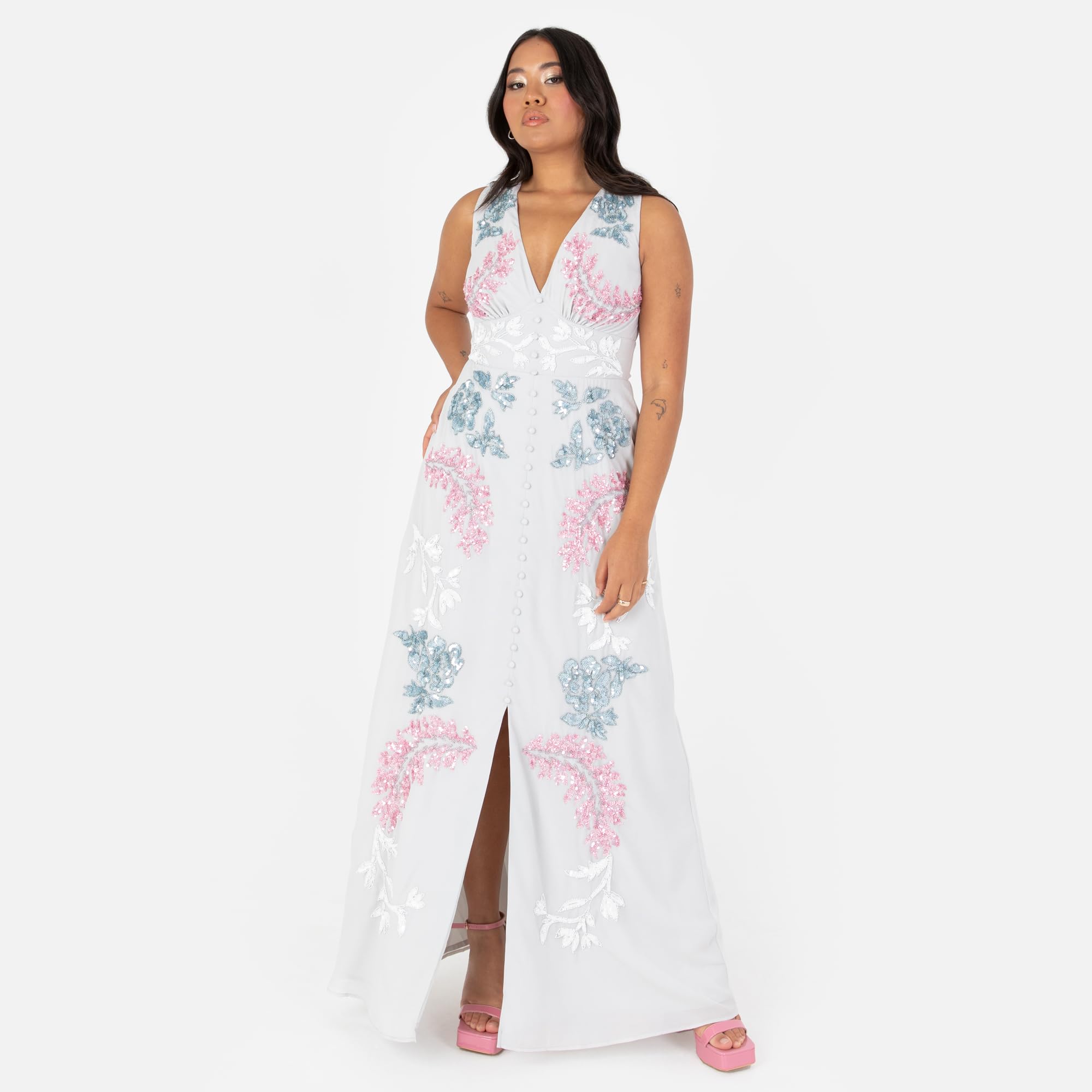 Maya Deluxe Women's Ladies Maxi Dress V-Neckline Sleeveless Floral Sequin Embellished Button Front Slit for Wedding Guest Occasion Vestito Donna