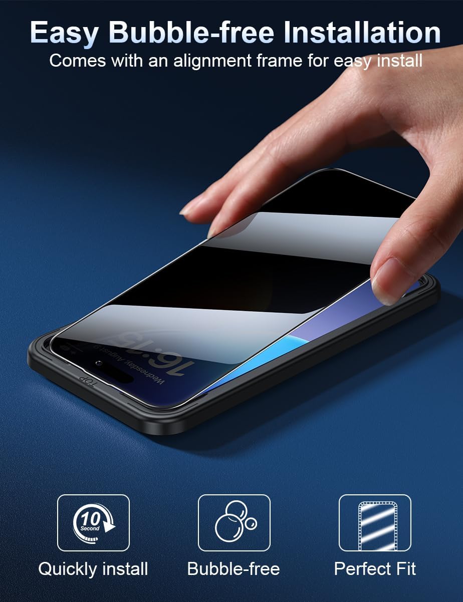 ruwa Privacy Screen Protector for iPhone 15 Pro Max [6.7 Inch][2-Pack] Tempered Glass with Easy Installation Frame, Anti-Scratch,Anti-peep, Full Coverage