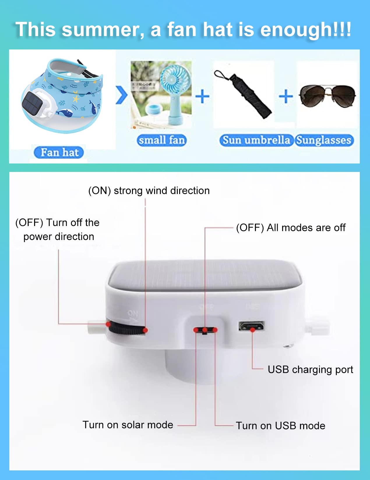 Cappello Per Fan Per Bambini Visiera Per Bambini Built in Fan Solar + USB Dual Power Supply Velocità E Direzione Del Vento Regolabili, 24 Ore Di Raffreddamento