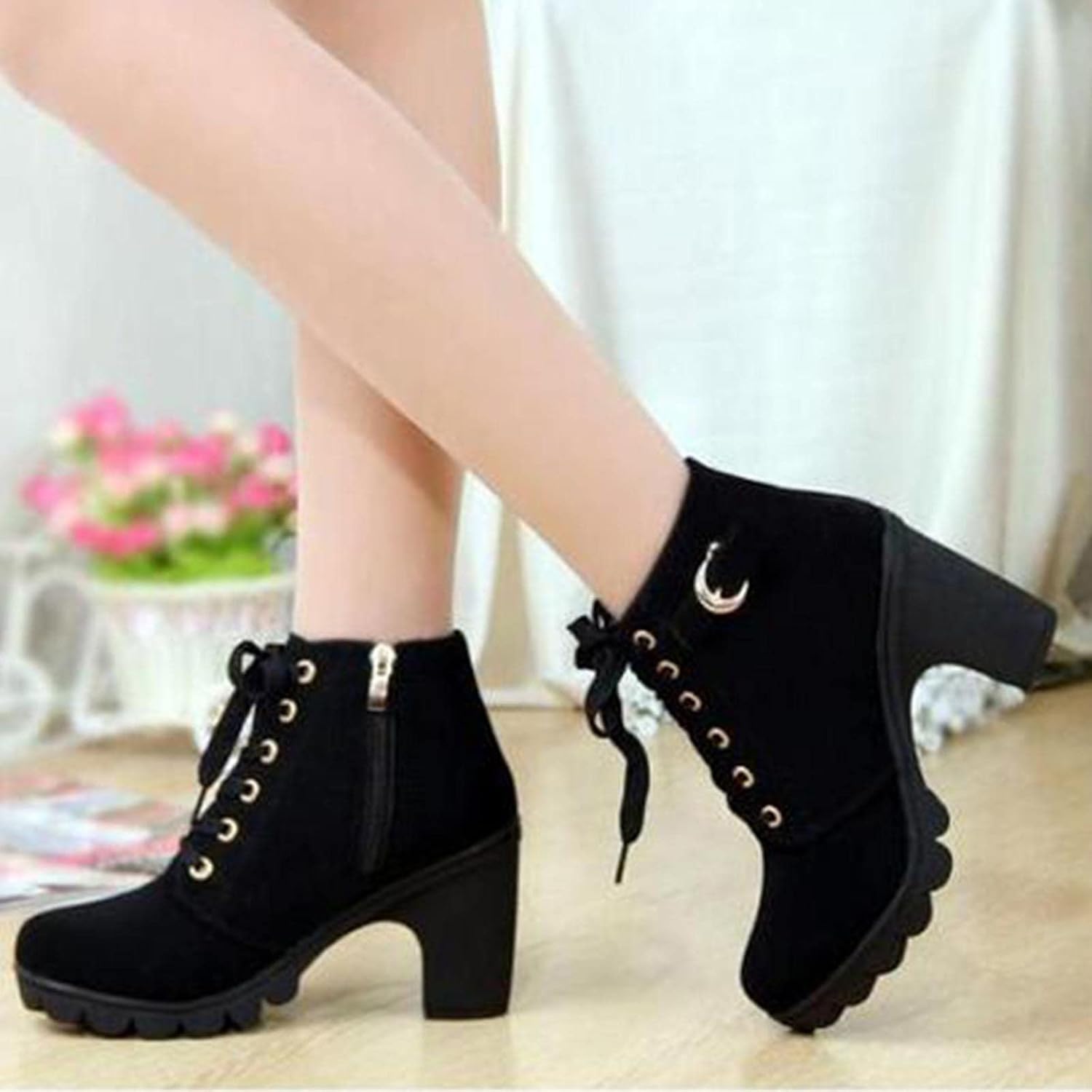 Women‘s Boots Fashion High Heel Lace Up Ankle Boots Ladies Buckle Platform Shoes Lace Up Platform Boots Chunky High Heel