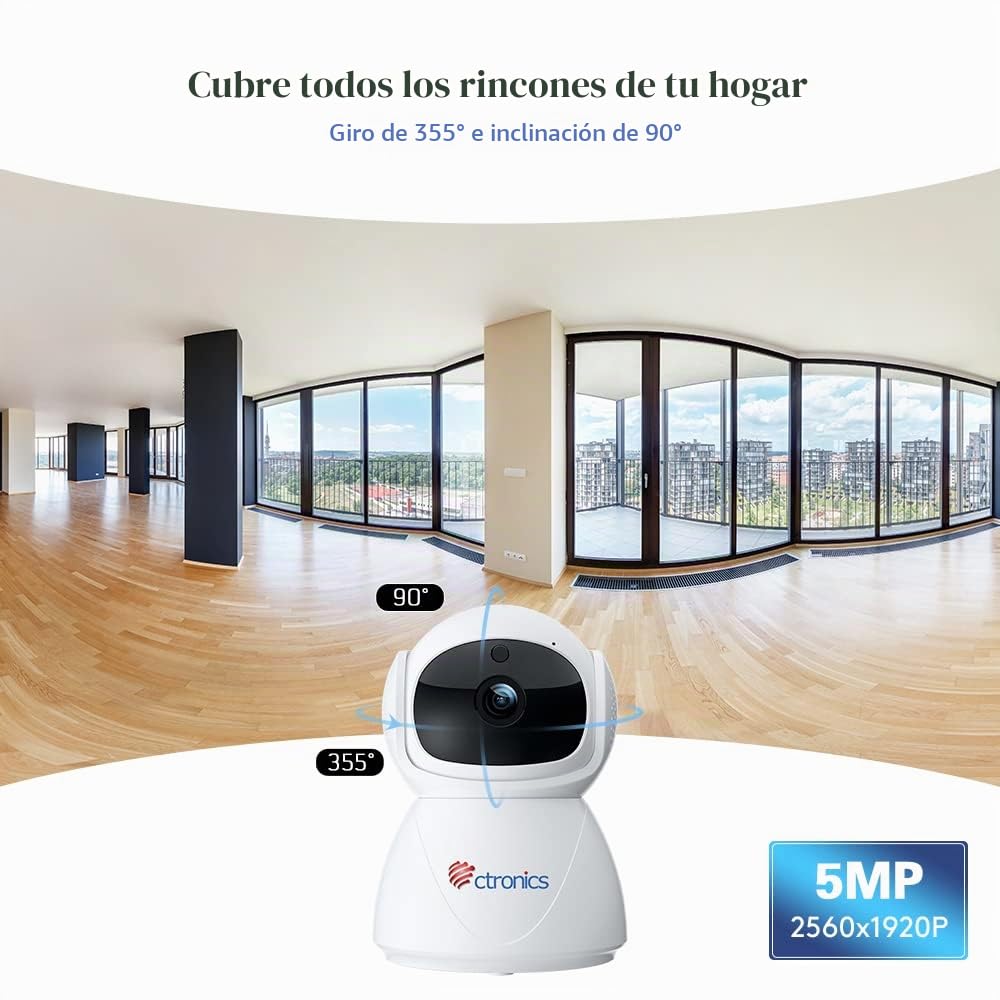 Ctronics 5MP Camara Vigilancia WiFi Interior, 2.4/5GHz WiFi & Bluetooth IP Camara de Seguridad, Detección Humano/Seguimiento Automático, PTZ 355°/ 90°, Visión Nocturna IR, Audio Bidireccional, FTP