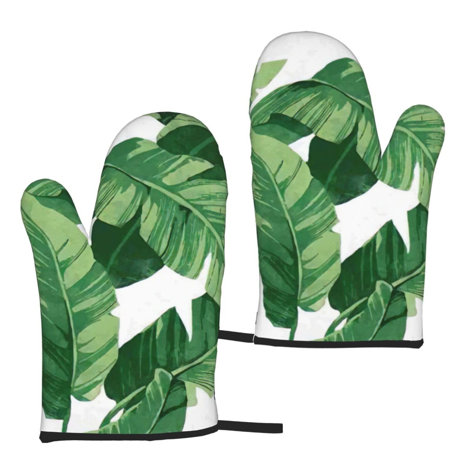 Nimongt Women's Black Cute Green Palm Leaves Print Adults Universal Fit Heat Resistant Oven Gloves Reusable Cooking Outdoor Grilling