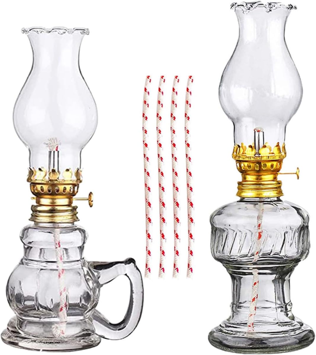 Vintage Kerosene Oil Lamp Set, Small Large Rustic Glass Lanterns with 4 Spare Wicks, Portable Retro Camping Oil Lights for Home Emergency and Outdoor Tent Lighting