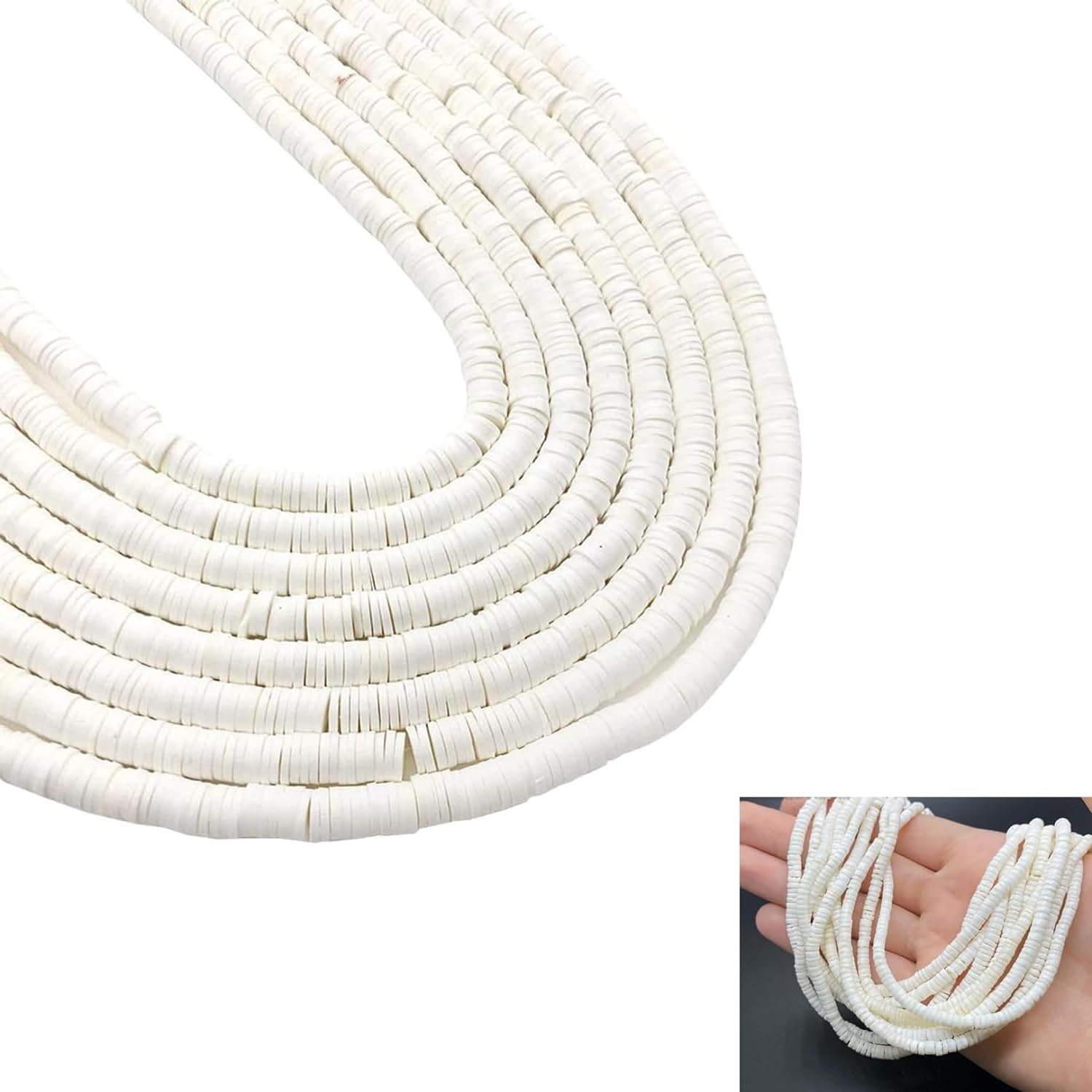 BRITECO 1300 Pcs Flat Clay Beads, 6mm Polymer Clay Beads in 4 Chains, Handmade Heishi DIY Bead Kit for Jewelry Making, white