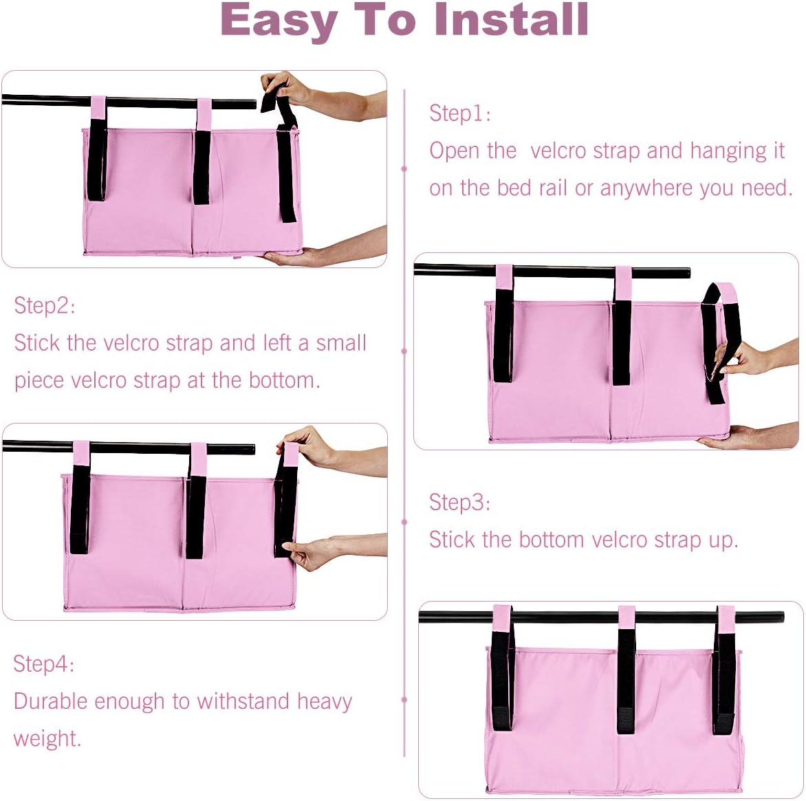 Bedside Storage Organizer, Libay Bedside Caddy Hanging Storage Bag with 8 Pockets for Bunk Dorm Rooms and Hospital Bed Rails (Pink)