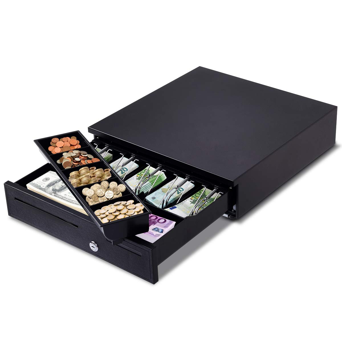 DREAMADE Kassenschublade mit Elektrisch/Manuell Öffnen, Geldschublade Geldkassette, Cash Drawer mit 5 Fächer verstellbar, Geldzählkassette Münzeinsatz Kassenlade, Schwarz