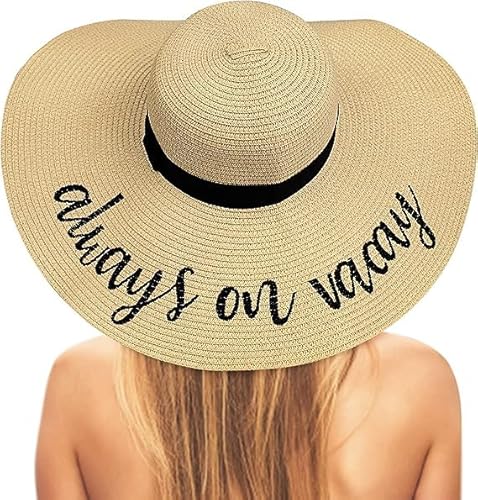 Chalier Foldable Beach Hats for Women, Embroidered Floppy Hats for Women Beach, Vocation, Cruise, Honeymoon, Travel, C Always on Vacay