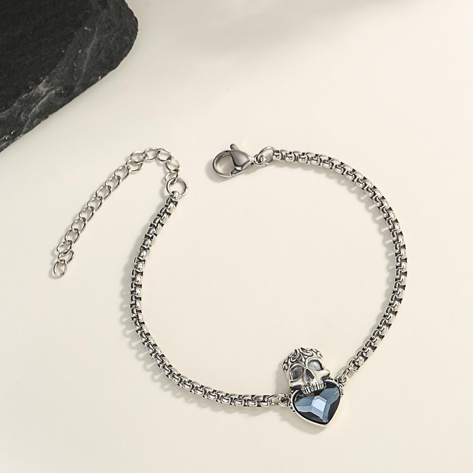 Bracelet tête de mort en argent sterling 925 avec cristal rouge/bleu/noir/vert, style gothique, punk, cadeau pour femmes, hommes, filles, garçons, avec chaîne en acier inoxydable