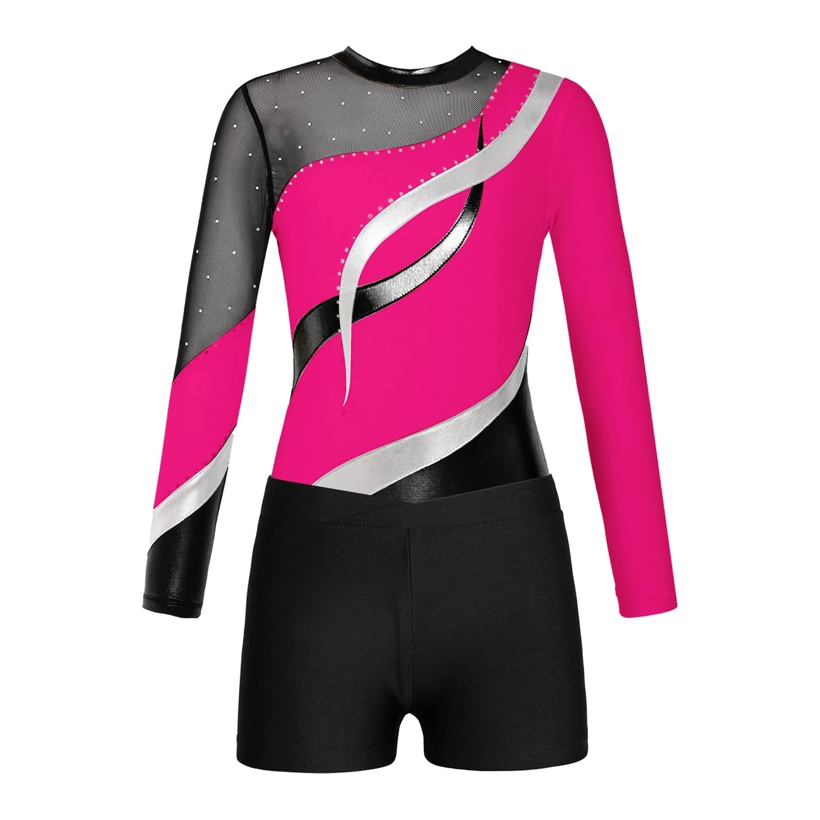JHSDHYD Gymnastiekpakjes voor dames, kinderen, meisjes, lange mouwen, glanzende strass-steentjes, turnpakje met shorts, danskleding, sets voor dansen, wedstrijd, schaatsen, bodysuit, felroze, 14