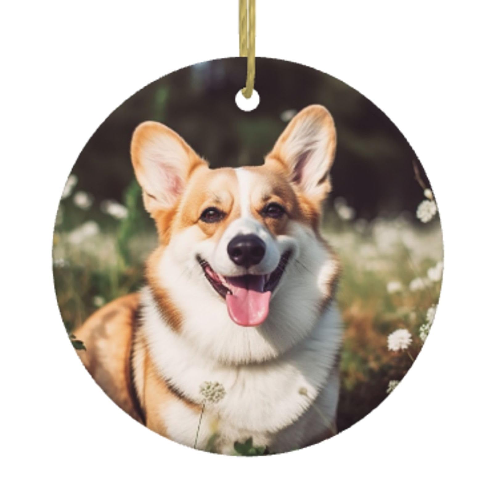 Ceramic Christmas Tree Hanging Ornaments with Gold Ropes Christmas Tree Decorations Round Ceramic Happy Corgi Dog Pendant Keepsake Decorations for Holiday Xmas Gift Ideas