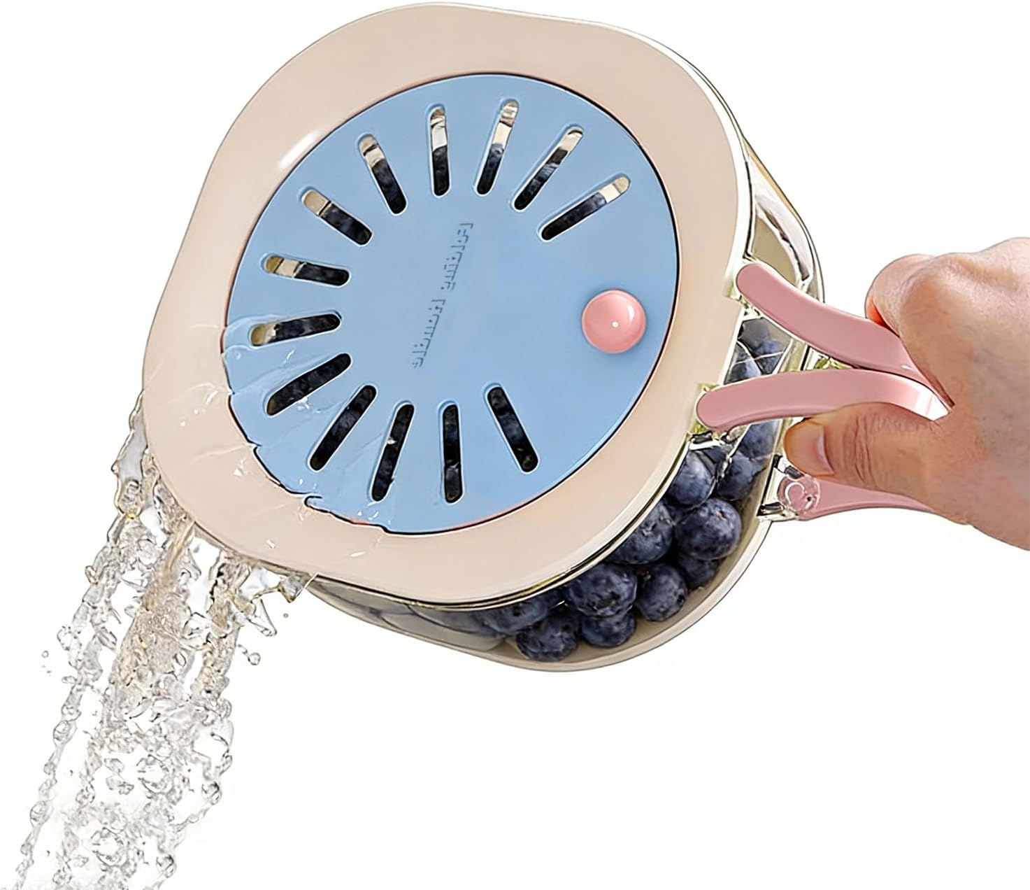 2 in 1 Fruit Vegetable Washing Bowl with Strainer & Lid & Foldable Handle, Multifunctional Fruit Strainer Container Portable Colander for Kitchen, Refrigerator, Camping, Picnic (Blue+Pink)