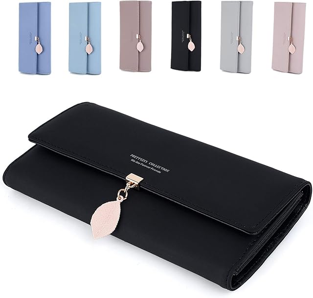 ZhengYue Ladies Purse, PU Leather Wallet for Women RFID Blocking Ladies Leaf Pendant Coin Zipper Long Purse with Multiple Card Slots and Card Holders Phone Pocket Black