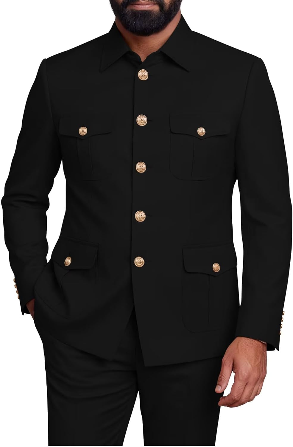 Men's Safari Suit 2 Piece Slim Fit Men's Mandarin Collar Safari Mens Outfit Suit Multi-Pocket Blazer Pants Set