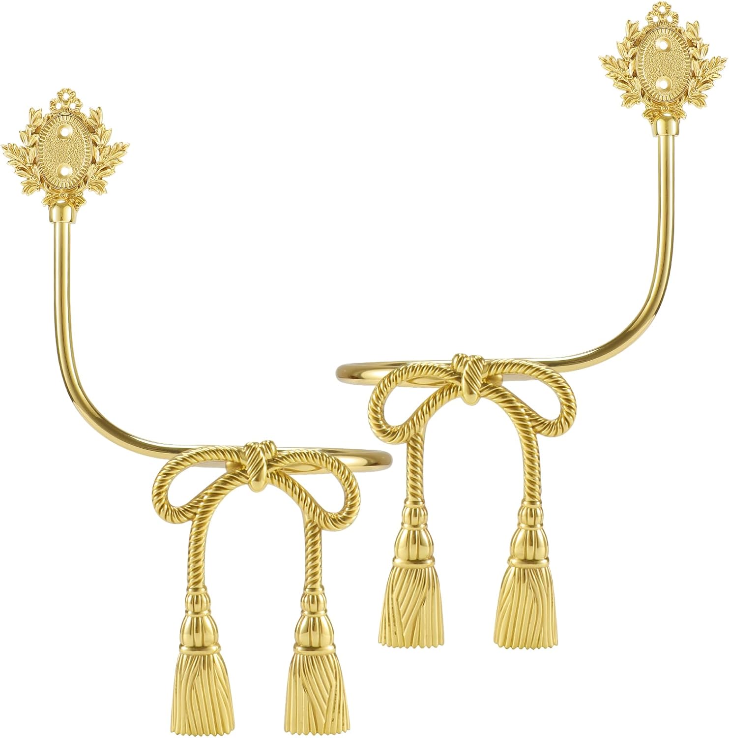 2 Pcs Gold Brass Hemp Rope Bow Curtain Tiebacks, Vintage Wall Mounted Curtain Holdbacks with Screw, Decorative Curtain Hooks for Living Room、 Bedroom and Home Office
