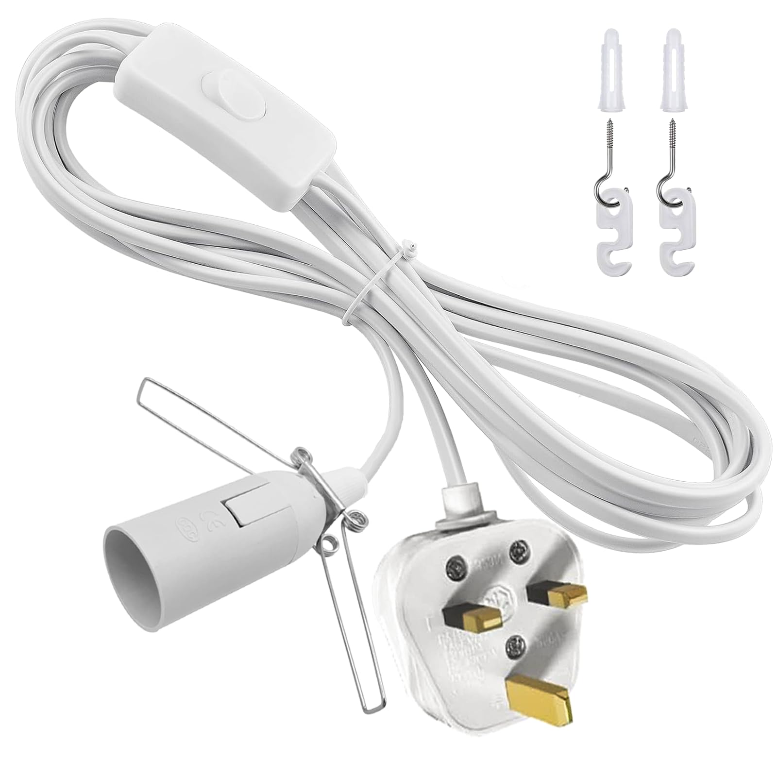 E14 Salt Lamp Replacement Plug in Light Fitting, Lamp Cable with Lamp Holder Inline Switch and Plug, 250V 4A Extension Hanging Lamp Standard Pendant Light Cord with Clip for Media Stream, White 1.8M
