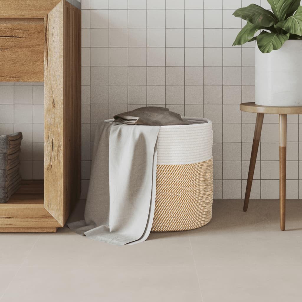 Aufbewahrungskorb Braun Weiß Ø40x35 cm Baumwolle geflochten, vielseitiger Flechtkorb für Wohnzimmer Badezimmer Kinderzimmer, Boho Vintage Naturdesign mit robusten Griffen