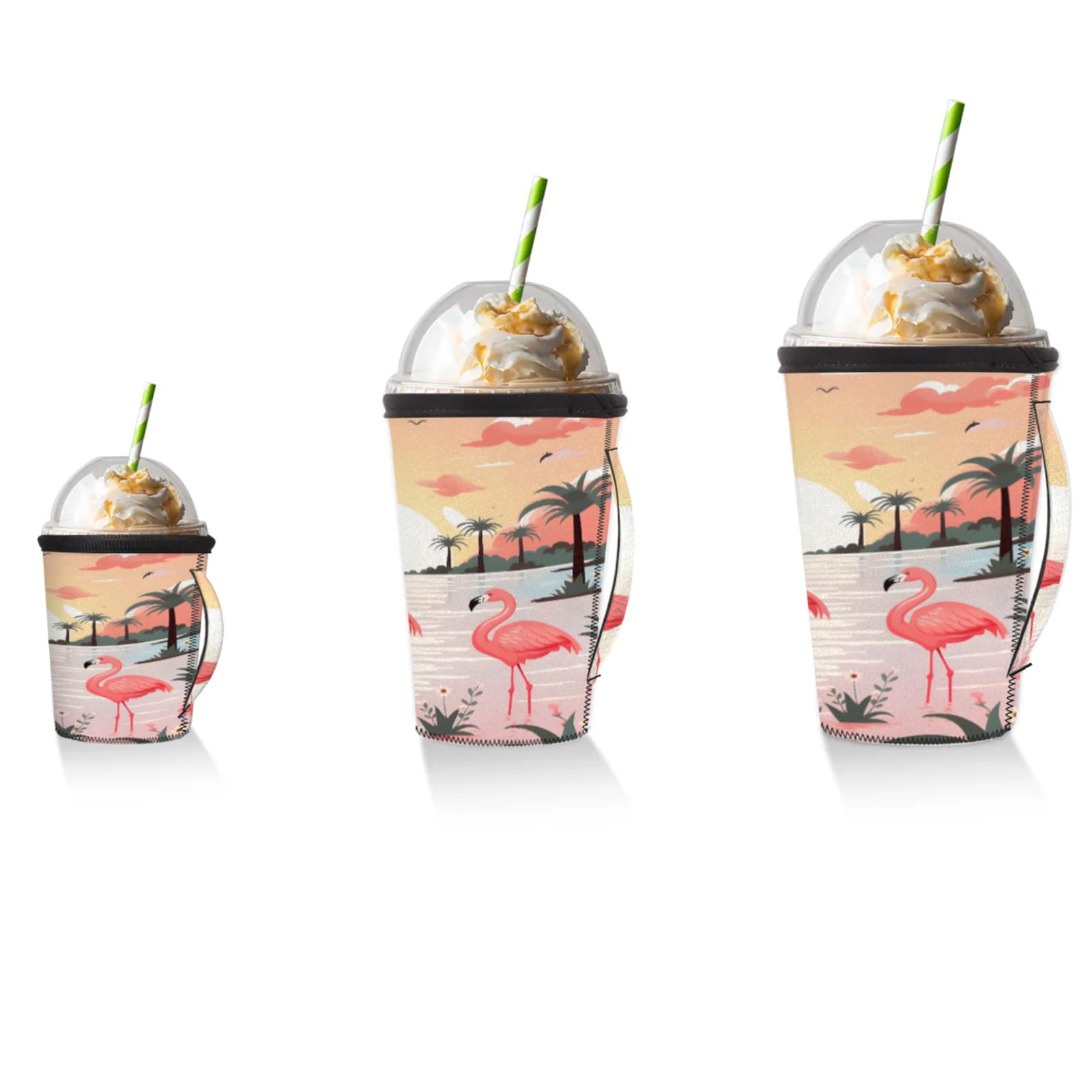 Coconut Sunset Flamingo Reusable Neoprene Coffee Sleeve with Handle Insulated Iced Coffee Cup Holder Reduces Condensation Fits 24-28 oz Cups M