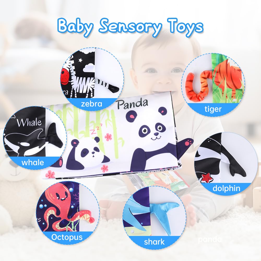Baby Toys 0-6 Months - 15 Inch Tummy Time With Soft Cloth Book, Teethers & Mirror, High Contrast Newborn Montessori Infant Sensory Activity Gifts for Baby Boy Girl