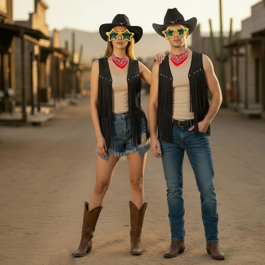 Utaomld Western Cowgirl Costume, Sleeveless Tassel Vest Cowboy Hat Glasses Bandanna 4pcs Halloween Themed Party Outfit - Image 8