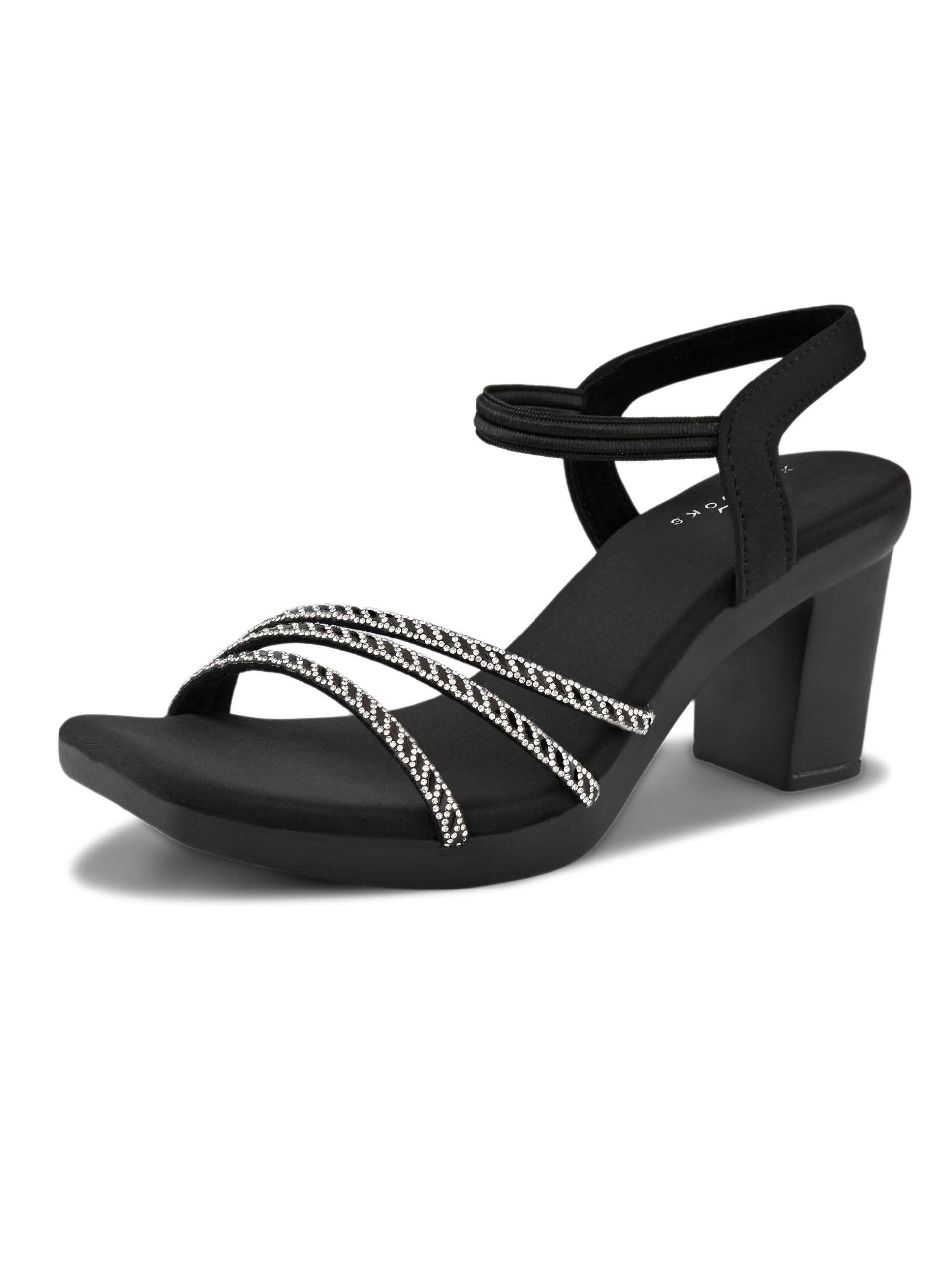 Women’s Block Heel Sandals with Elastic Ankle Strap | Rhinestone Embellished Multi-Strap Upper | Soft Cushioned Footbed | Open Toe Comfortable Heeled Sandals-image-18