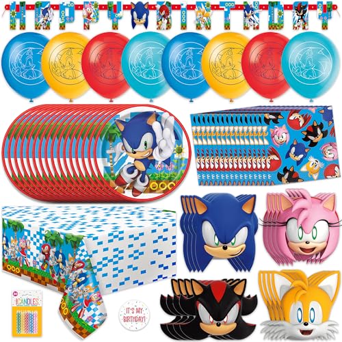 Sonic Birthday Party Decorations | Serves 16 Guests | Balloons, Masks, Banner, Tablecloth, Plates, Napkins, Candles, Sticker | Officially Licensed