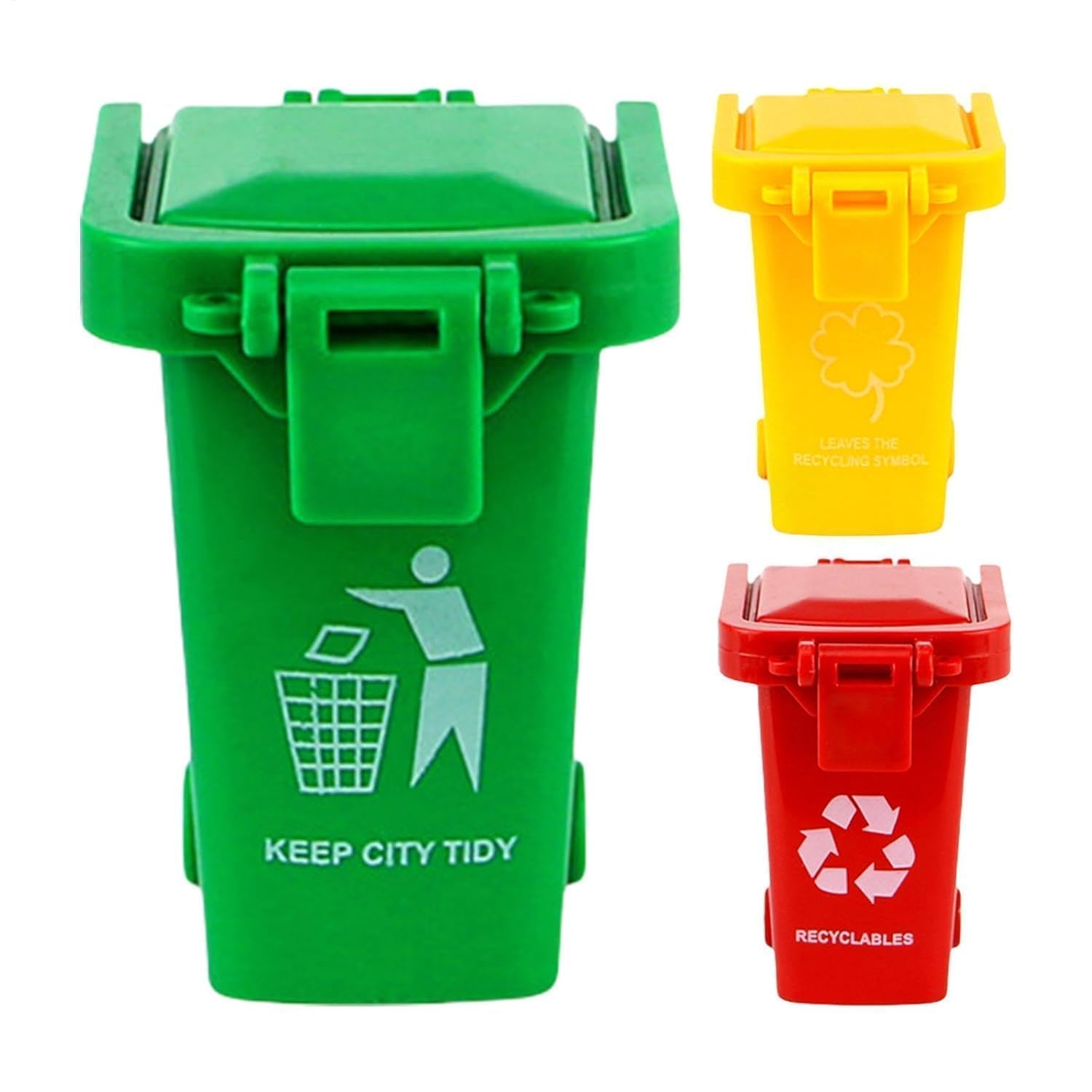 3 Pcs Colorful Tiny Recycle Bin for Desk, Garbage Trash Pen Holder, Recycle Bin Pencil Holder, Miniature Garbage Truck's Trash Cans, Unique Small Trash Can Truck Toy with Lid Wheels, Decorations