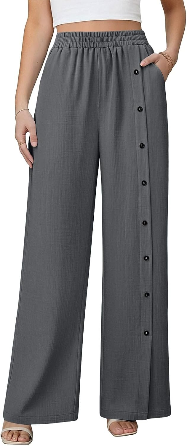 Cotton Linen Pants for Women Summer Casual Capri Pant Straight Leg Button Elastic Waist Beach Trousers with Pockets