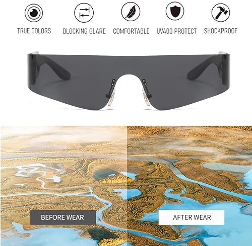 Miniatura 8 de BAWUYI Y2K - Gafas de sol futuristas envolventes para hombres y mujeres visera cibernética monobloque deportivo accesorios de los años 2000 marco