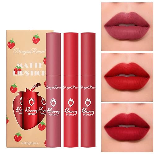 1 paquete de 3 colores de barra de labios mate con mousse de fresa, terciopelo suave, brillo de labios mate, copa antiadherente ligera hidratante de