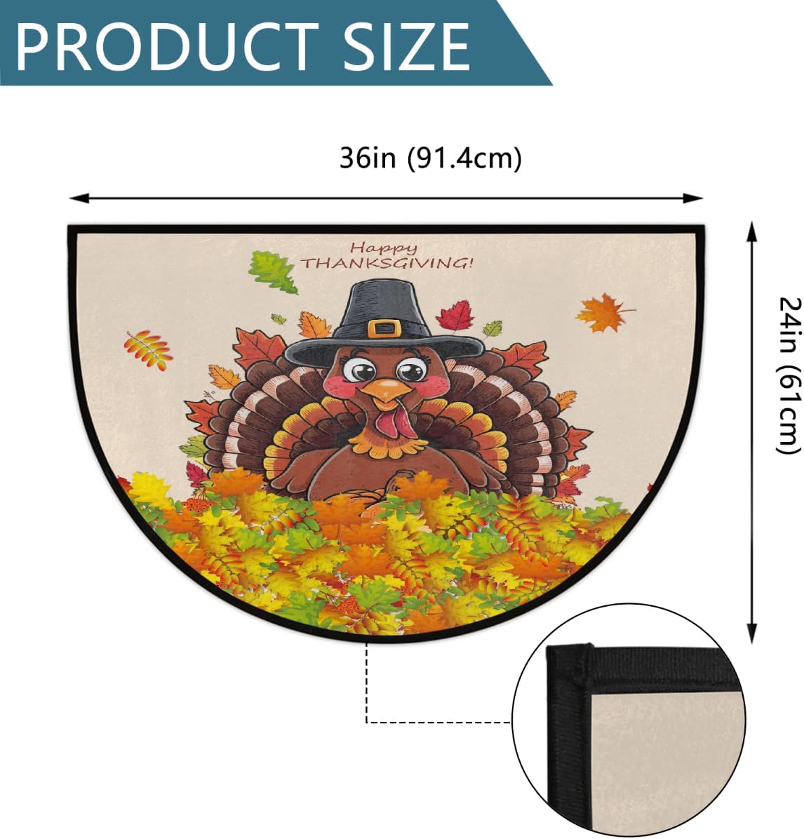 Half Round Door Mat Leaves Turkey Thanksgiving Non-Slip Soft Semi Circle Rug Washable Half Moon Welcome Entrance Doormat for Outdoor Indoor Floor Bedroom Bathroom Home Kitchen Festival Decor Gift