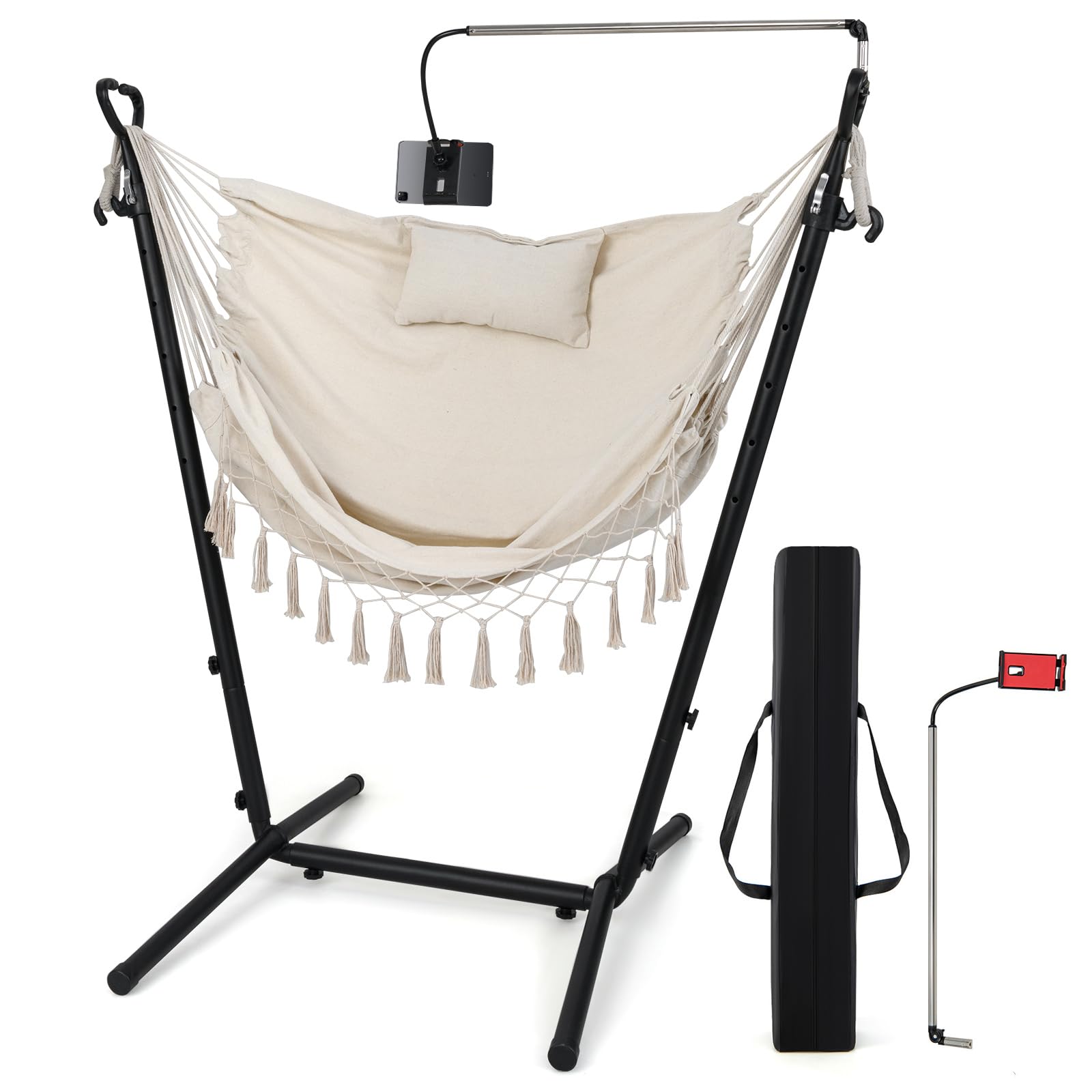 COSTWAY Hammock Chair with Stand, 6-Level Height Adjustable Patio Swing Hammock with Side Pocket, Outdoor Indoor Cotton Tassels Macrame Hanging Chair Seat (Beige, with Phone Holder & Carry Bag)