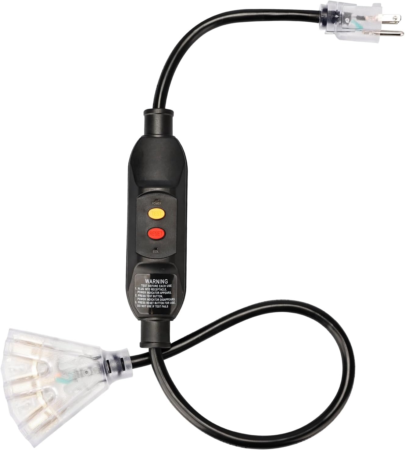3FT GFCI Extension Cord with 3-Outlet, Auto Reset, 12/3 Outdoor Extension Cord with Lighted End, SJTW, ETL Listed, Black