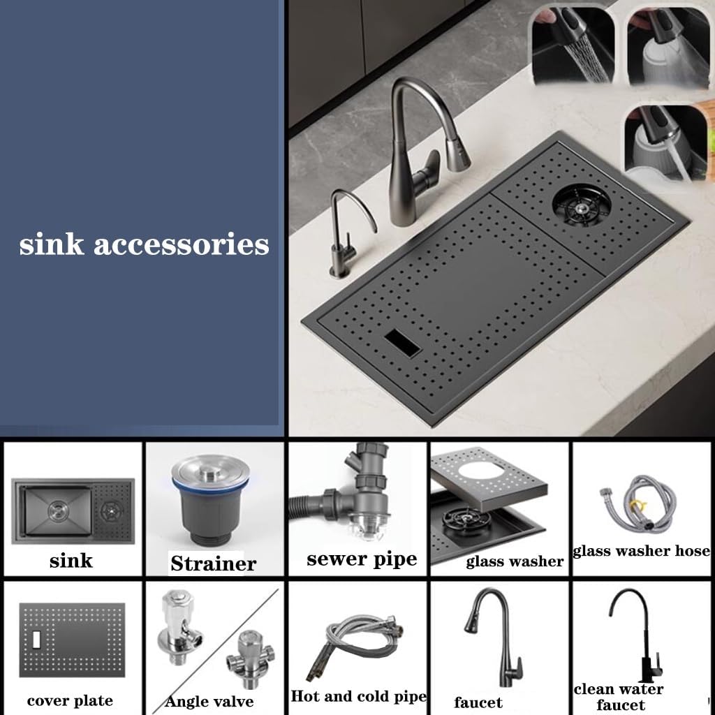 Workstation Undermount Sink Kitchen Stainless Steel Sink with Faucet Glass Washer Siphon Prep Sinks Restaurant Kitchen Dish Washing Basin Bar Sink Sinks，Black 55 * 26 * 23cm