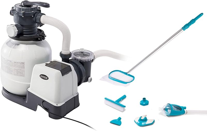 Intex 2100 Gallon Per Hour Above Ground Pool Sand Filter Pool Pump with Deluxe Pool Maintenance Kit and Automatic 24 Hour Timer
