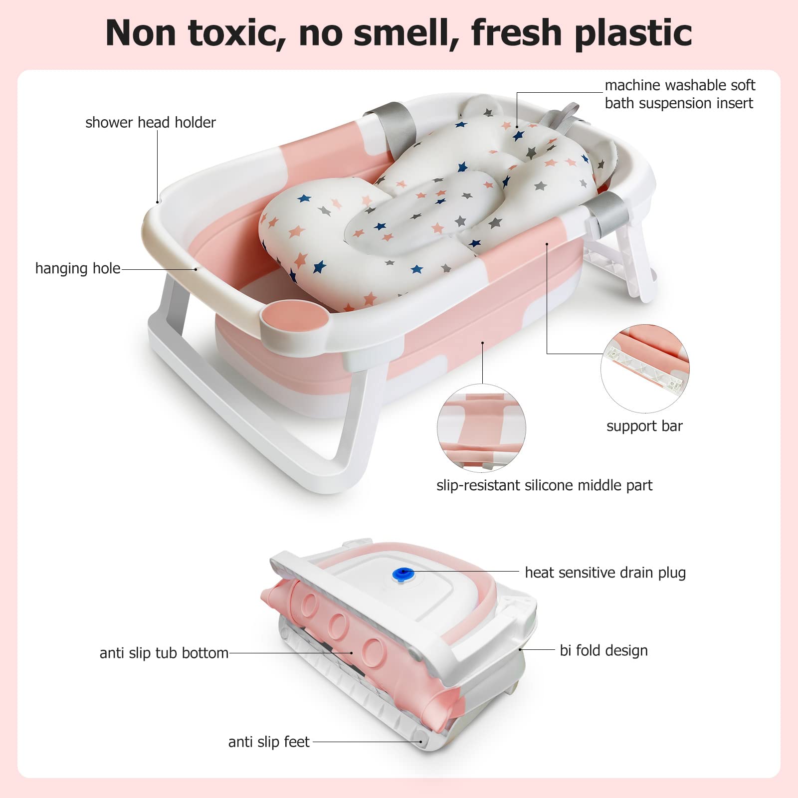 Vaschetta Bagnetto Neonato Vasca Bagno Pieghevole Neonati Bambini Supporto Riduttore Cuscino Materassino 1-3 Anni Baby Sdraietta Bacinella Tappetino Bambino Tinozza Bimbi Salvaspazio Portatile Rosa