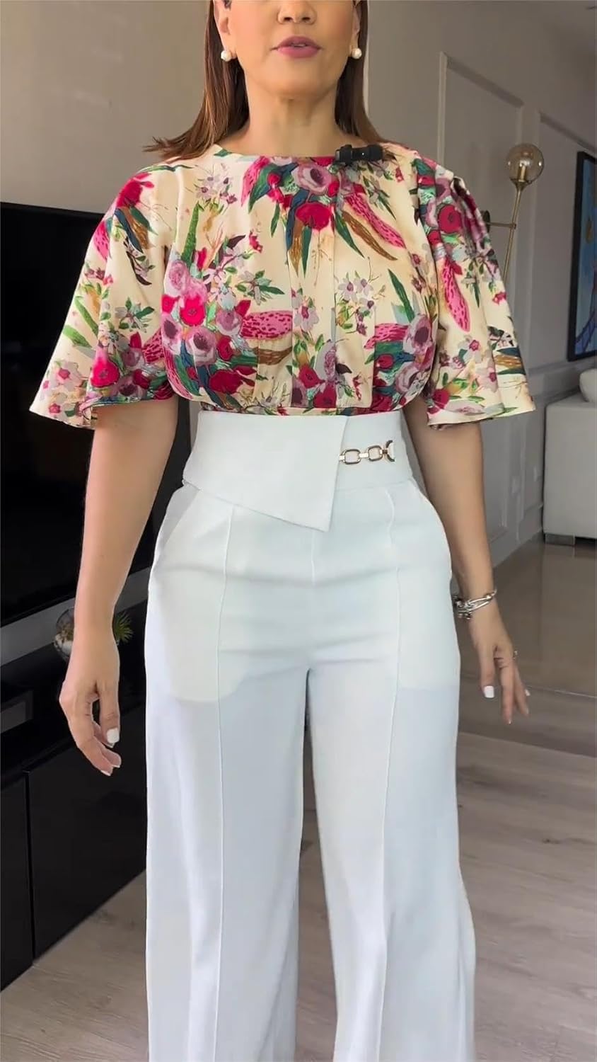 CHICME Womens Summer 2 Piece Outfit Bell Sleeves Floral Blouse with High Waist Pants Set Party Outfits - Image 2