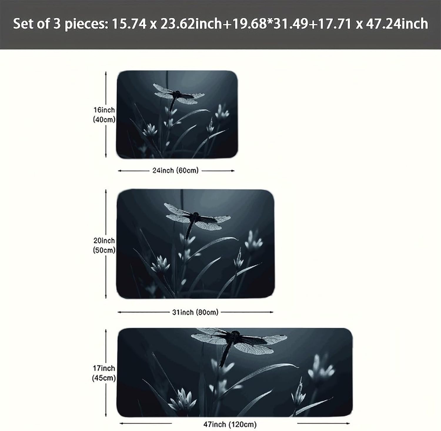 Dragonfly Silhouette Kitchen Mats for Floor 3 Pcs Kitchen Rugs