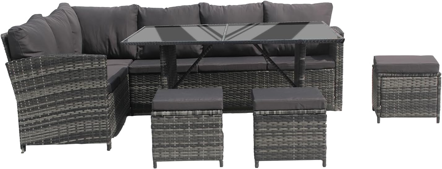 Garden Corner Sofa Rattan Furniture Set 9 Seater Patio Outdoor Lounge Settee with Glass Dining Table All-weather SFS019 (Mixed Grey with Dark Cushions)