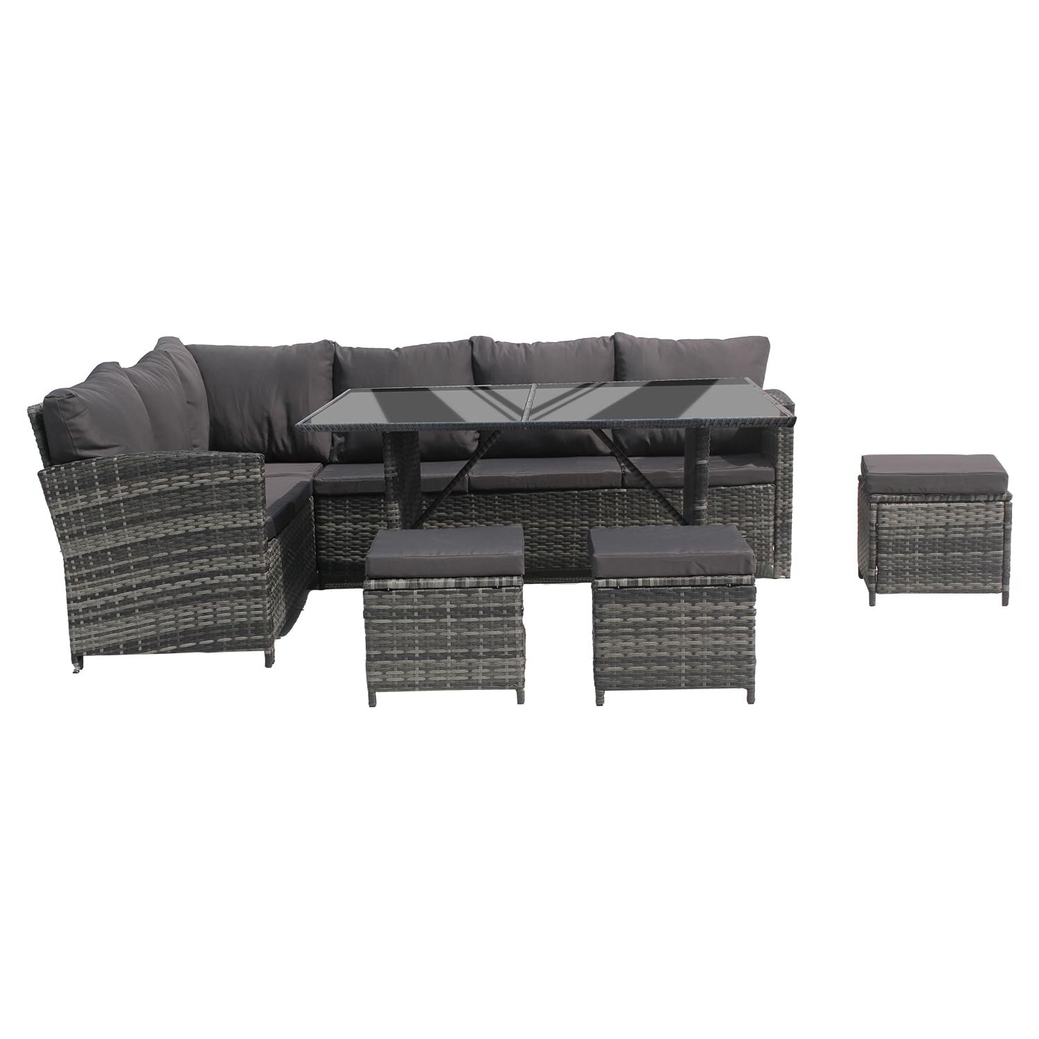 Garden Corner Sofa Rattan Furniture Set 9 Seater Patio Outdoor Lounge Settee with Glass Dining Table All-weather SFS019 (Mixed Grey with Dark Cushions)