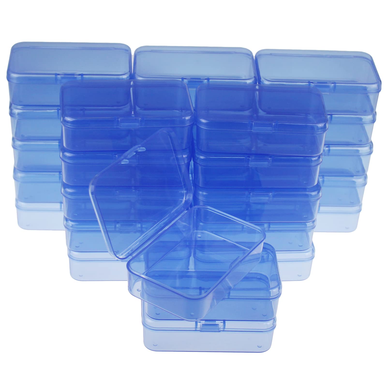 LJY 28 Pieces Rectangular Empty Mini Clear Plastic Organizer Storage Box Containers with Hinged Lids (85 x 55 x 25 mm, Blue)
