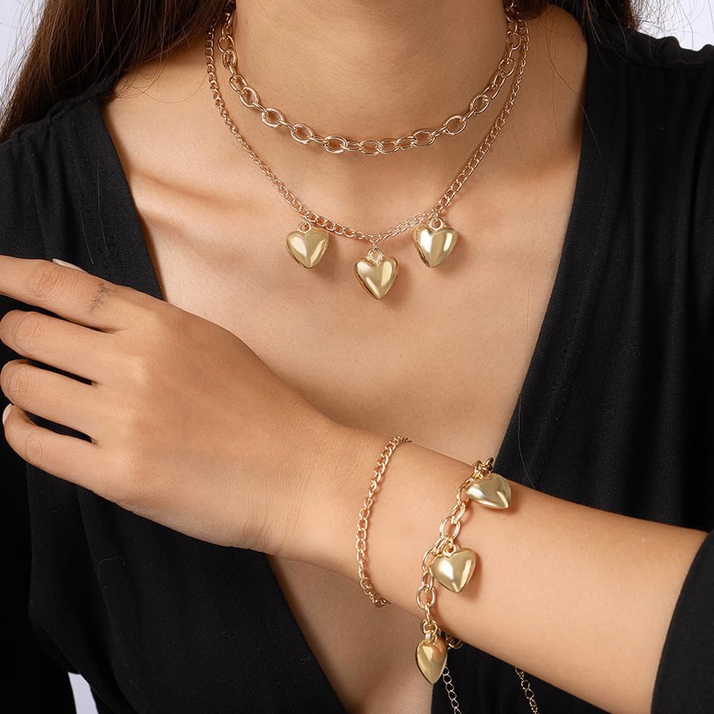 GIGB PBDK Layered Gold Puffy Heart Chain Necklaces Bracelets Set for Women,Vintage Stacked Love Charm Pendant Necklace,Dainty Birthday Jewelry Accessories Gifts - Image 2