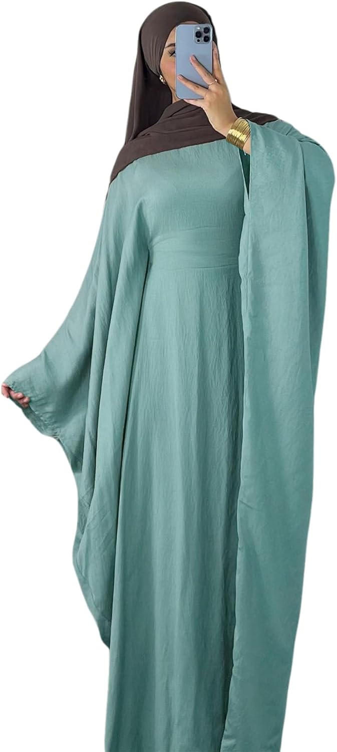 Abaya Dress for Women Soft Crepe Like Linen Khimar Butterfly Batwing Dubai Islam Muslim Kaftan Modest Prayer Dress
