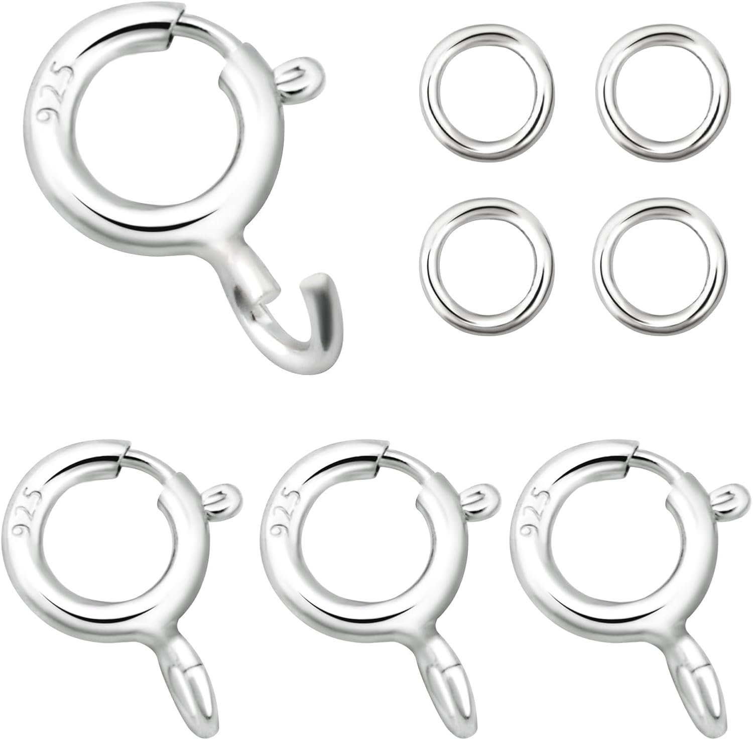 4PCS Necklace Jewelry Clasps S925 Sterling Silver Spring Ring Clasp for Jewelry Making 5mm Round Spring Clasps with Jump Rings Clasps and Closures for Necklace and Bracelet