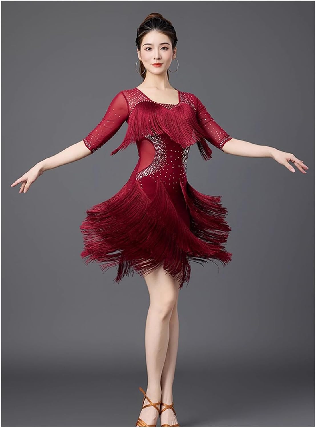 BEYLOR] ラテンダンスドレス ラテン衣装 ハイネック 透け感 長袖 露肩