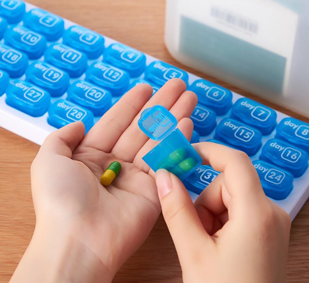 Pilulier 31 jours, grande capacité mensuel amovible pour médicaments, 1 jour et 1 fois, support de supplément d'huile de poisson et de vitamines, rappel de date (bleu, 4)