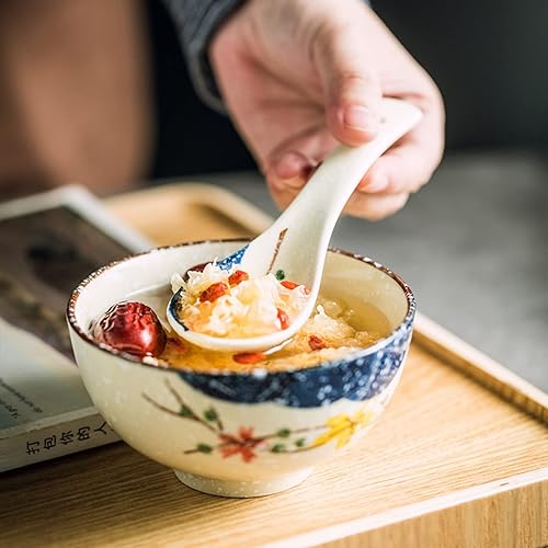 Miniatura 6 de Juego de 5 cucharas de sopa de cerámica con asas largas, cucharas de sopa de porcelana asiáticas pequeñas para fideos Pho Ramen, Wonton Dumpling Rice