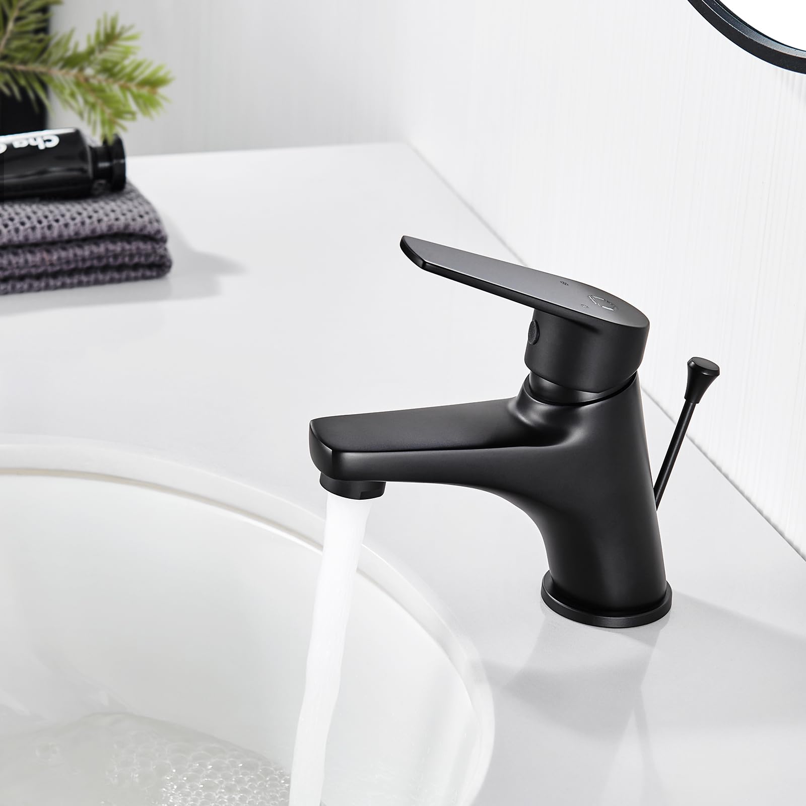 CECIPA Robinet de salle de bain, noir, mitigeur de lavabo avec tige de traction et bonde, mitigeur de salle de bain avec hauteur de bec 57 mm, robinet de lavabo en laiton, robinet de salle de bain