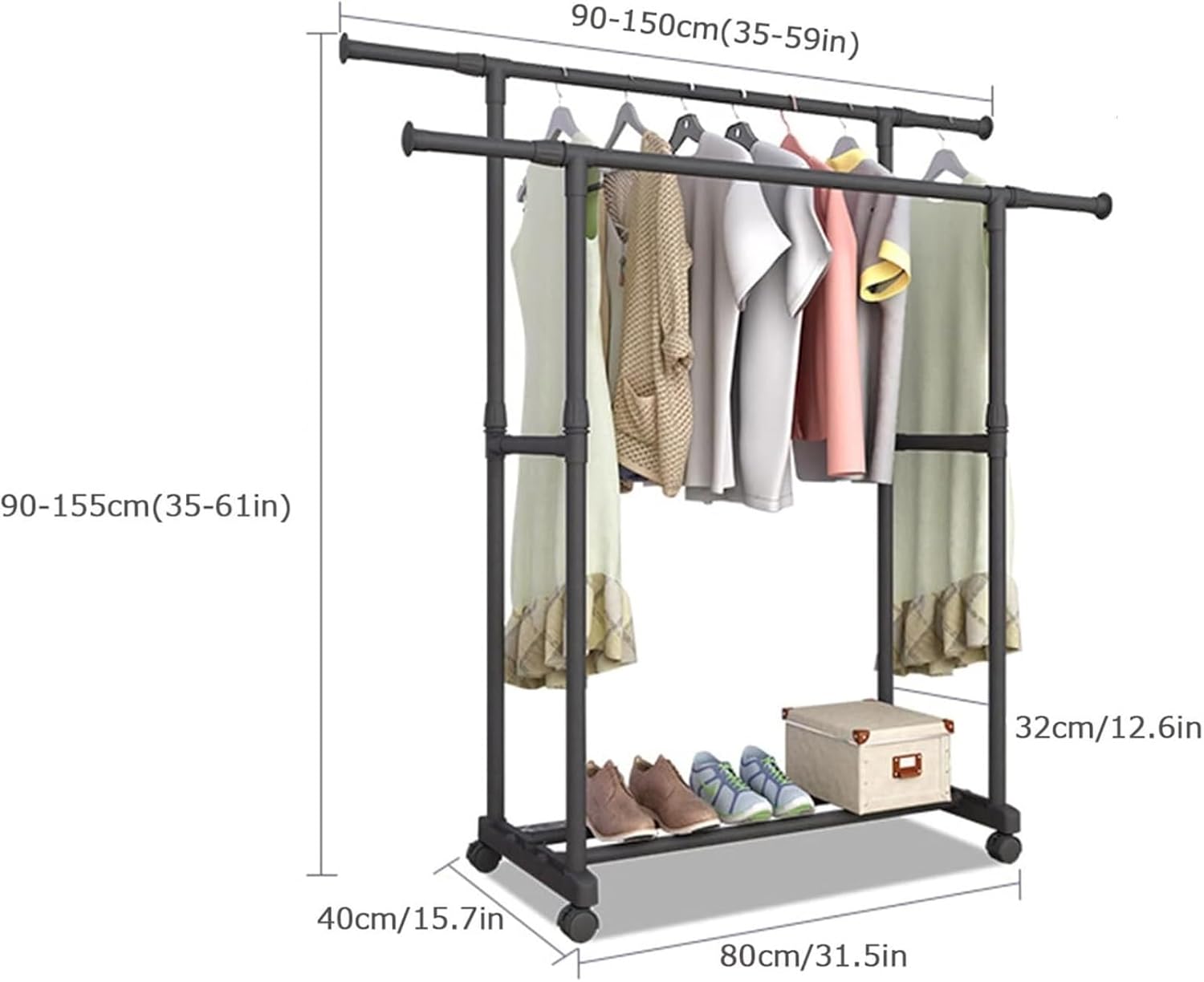 Double Pole Floor Drying Rack,Telescopic Lifting Mobile Clothes Pole,Large Capacity Hanger, for Home Clothing