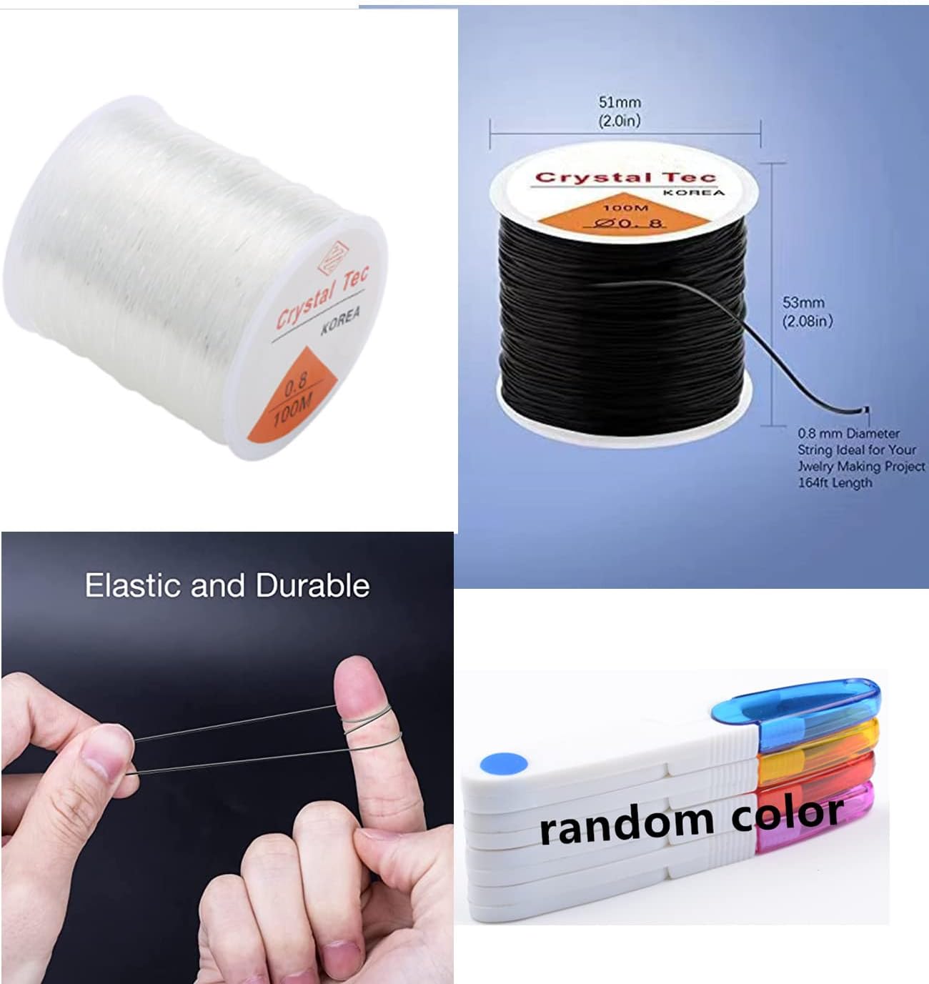 Elastic String for Bracelet Making QIRANIYY 2 Rolls Stretchy Bead String Cord for Clay Beads Pony Beads Bracelets Jewelry Making and Beaded Scissors (0.8MM, Crystal & Black)